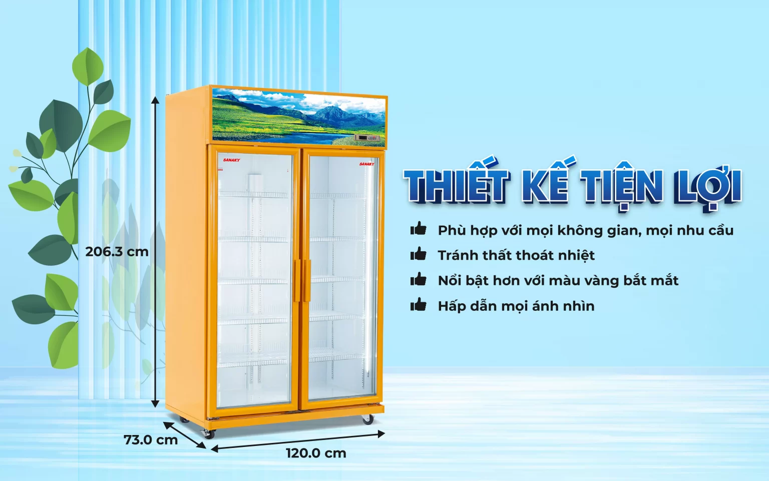 Tủ mát Sanaky VH-1209HP3A sở hữu thiết kế 2 cánh mở tiện lợi và màu vàng bắt mắt