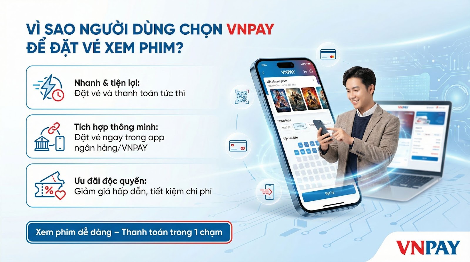 Tính năng “Đặt vé xem phim” trên ứng dụng VNPAY giúp bạn đặt vé đa rạp, thanh toán tức thì và săn ưu đãi tiện lợi ngay trên một nền tảng duy nhất